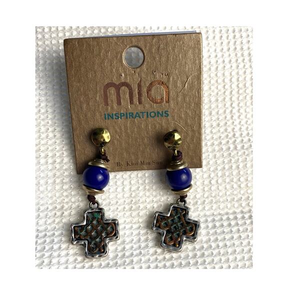 Mia Inspirations Inlay Cross Blue Bead Drop Dangle Post Earrings - Picture 1 of 5
